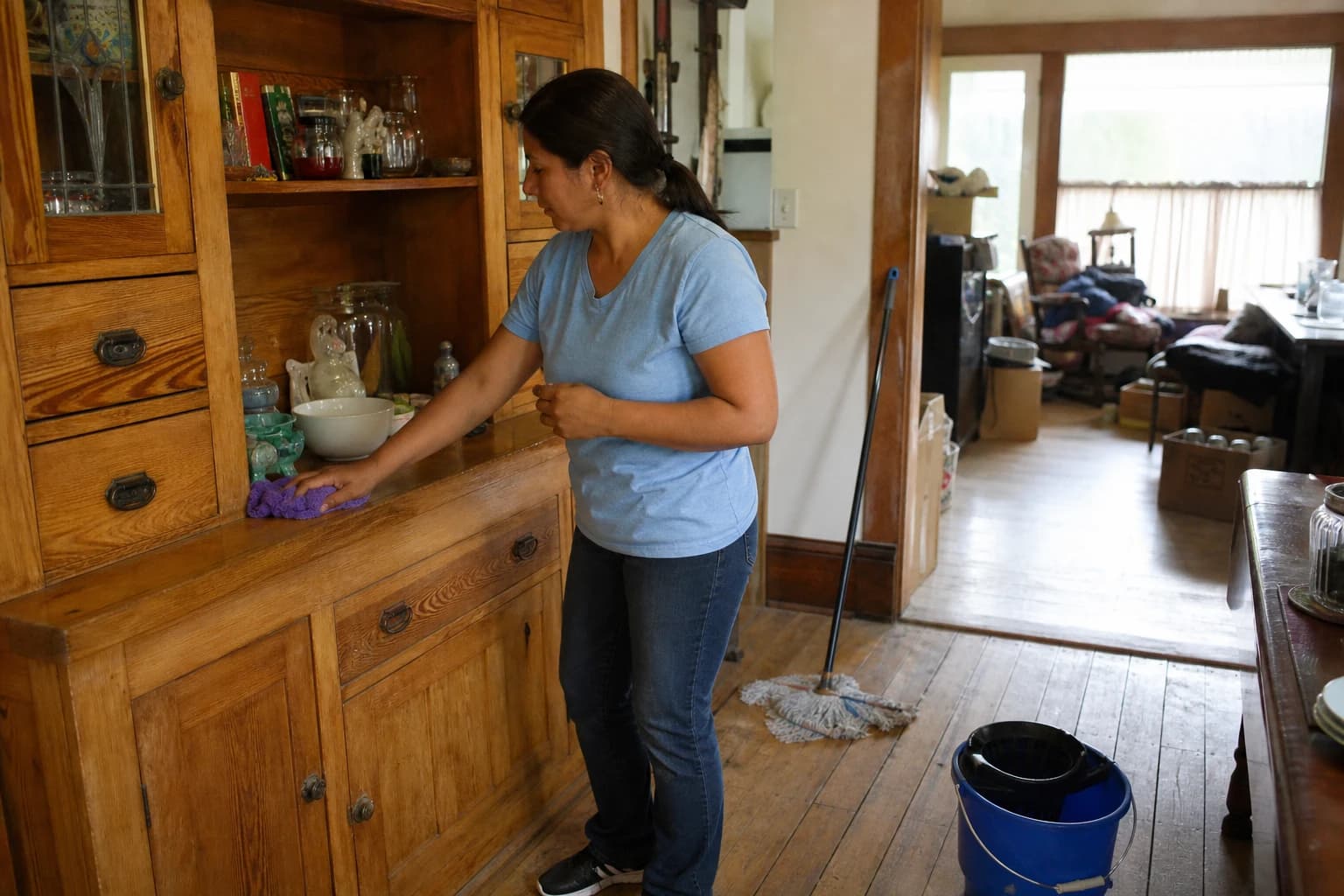 A cleaner dusting a built-in wooden hutch during a house cleaning in an older Independence, Oregon home