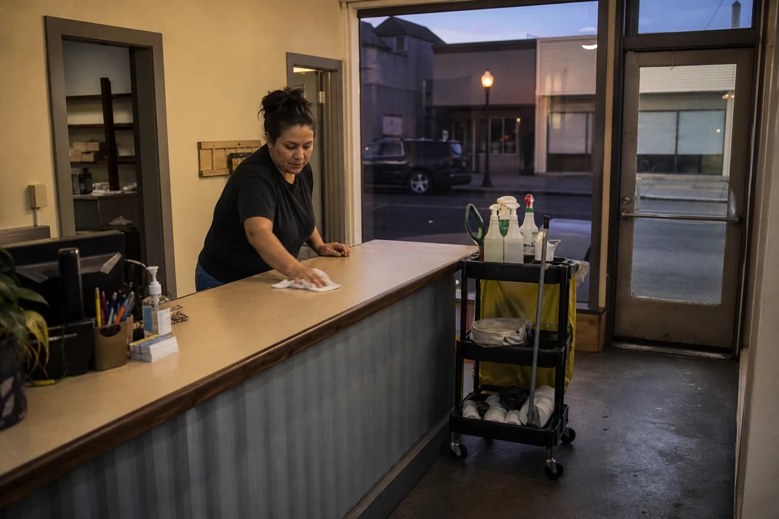 A cleaner wiping down the front counter of a small downtown Independence, Oregon storefront office after closing